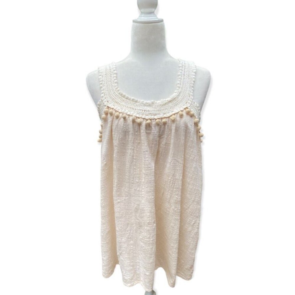 ADIVA Ivory white crochet lace inserts tank top gauzy cotton cloth pompoms Sz L